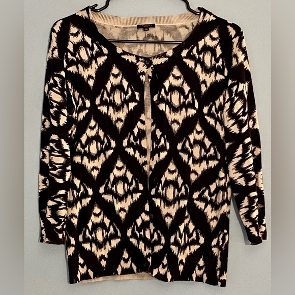 Talbots Cardigan Womens Medium Petite Sweater 3/4 Sleeve Black Beige - Picture 1 of 3